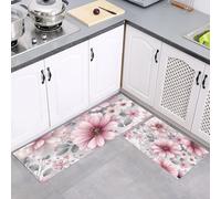 Lot de 2 Tapis de Cuisine Aquarelle Fleurs Lavable en Machine, Rose Tapis de Sol Fleurs Roses Branches Feuilles Antidérapante Facile À Nettoyer, pour Cuisine Salon Chambre Couloir 50x80cm+50x150cm