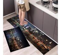 Lot de 2 Tapis de Cuisine Architecture New-Yorkaise antidérapant Lavable,Tapis de Sol Scène Nocturne New York Absorbant l'eau résistant pour Couloir, Salle à Manger, Entrée, Noir, 45x75cm+45x150cm