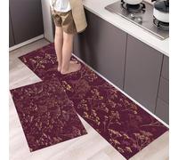Lot de 2 Tapis de Cuisine Branches Feuilles Des Plantes Tapis de Sol Antidérapants et Résistants à la Saleté Fleurs Sauvages Élégantes pour Couloir, Devant Évier, Entrée, 45x75cm+45x150cm, Bordeaux
