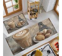 Lot De 2 Tapis De Cuisine Café Éléments Parisiens, Tapis De Cuisine Style Rétro Français Anti-Fatigue Pour Décoration - Imperméables, Antidérapants Et Confortables (Brun Clair, 45x75cm+45x150cm)