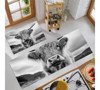 Lot de 2 Tapis de Cuisine Campagne Bétail Antidérapants, Animaux Des Highlands Tapis de Cuisine Lavable, Absorbe l'eau et l'huile, pour Couloir, Entrée et Tapis de Porte, 40x60cm+40x120cm, Cendre