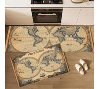 Lot De 2 Tapis De Cuisine Carte Du Monde À Double Hémisphère, Antidérapants, Super Absorbants, Lavables, Tapis De Cuisine Style Nautique Rétro Européen Pour évier De Cuisines 45x75cm+45x150cm