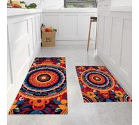Lot De 2 Tapis De Cuisine Cercles Concentriques Mandala, Antidérapants, Super Absorbants, Lavables, Tapis De Cuisine Style Bohème Rétro Pour évier De Cuisines, Buanderie 40x60cm+40x120cm, Orange