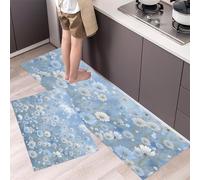 Lot De 2 Tapis De Cuisine Champ De Cosmos, Antidérapants, Super Absorbants, Lavables, Tapis De Cuisine Fleurs Fraîches Peintes À La Main Pour évier De Cuisines, Buanderie 45x75cm+45x150cm, Bleu Clair
