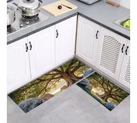 Lot de 2 Tapis de Cuisine Chênes Prairie Anti-Fatigue, Vert Tapis de Cuisine Réalisme Naturalisme Confortables Antidérapants, pour Chambre à Coucher Couloir Salle de Bain 50x80cm+50x150cm
