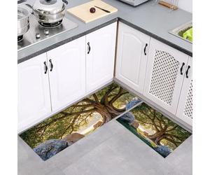 Lot de 2 Tapis de Cuisine Chênes Prairie Anti-Fatigue, Vert Tapis de Cuisine Réalisme Naturalisme Confortables Antidérapants, pour Chambre à Coucher Couloir Salle de Bain 50x80cm+50x150cm