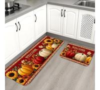 Lot de 2 tapis de cuisine de bienvenue pour sol, motif citrouille, floral, vintage, rembourré, confortable, lavable, antidérapant pour cuisine, évier, buanderie, salle de bain