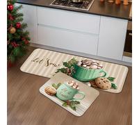 Lot de 2 tapis de cuisine de Noël pour sol, tasses vertes avec motif biscuit, tapis d'hiver rembourrés antidérapants et lavables pour éviers de cuisine, buanderie, salle de bain