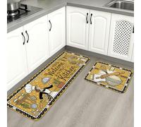 Lot de 2 tapis de cuisine décoratifs vintage pour sol, jaune Welcome to My Kitchen, doux, rembourrés, confortables et lavables pour décoration d'intérieur