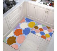 Lot De 2 Tapis De Cuisine D'Éventail Peinte À La Main Vagues Antidérapant Lavable, Absorbe L'Eau Tapis De Cuisine Géométrique Simple Pour Buanderie Chambre Coucher, Bleu Ciel, 40X60Cm+40X120Cm