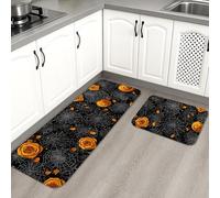 Lot de 2 tapis de cuisine d'Halloween doux pour sol, motif toiles d'araignée noires avec roses oranges, tapis décoratif, rembourré, lavable, antidérapant pour éviers, buanderie, salle de bain