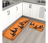 Lot de 2 tapis de cuisine d'Halloween pour le sol, chapeaux de sorcière orange vintage effrayant, doux, rembourrés, confortables, lavables et antidérapants pour éviers de cuisine, buanderie, salle de
