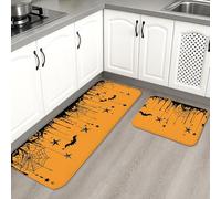 Lot de 2 tapis de cuisine d'Halloween pour sol, motif toiles d'araignée et chauves-souris oranges, tapis décoratifs, rembourrés, lavables et antidérapants pour éviers de cuisine, buanderie, salle de