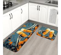 Lot de 2 tapis de cuisine d'Halloween pour sol, squelette et citrouille, art vintage, doux, rembourré, confortable, lavable, antidérapant pour éviers de cuisine, buanderie, salle de bain