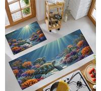 Lot de 2 Tapis de Cuisine Écologie Marine Antidérapants Tapis de Cuisine Anti-Fatigue Récif Corallien Tortue Paillasson décoratif pour Couloir, Entrée, Devant Évier (Bleu De Mer, 43x75cm+43x120cm)