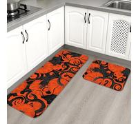 Lot de 2 tapis de cuisine élégants pour sol, motif floral orange, vintage, doux, rembourré, lavable, antidérapant pour cuisine, évier, buanderie, salle de bain