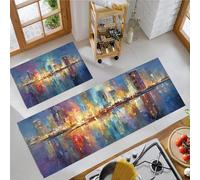 Lot de 2 Tapis de Cuisine Éléments Impressionnistes Antidérapants Tapis de Cuisine Anti-Fatigue Horizon De La Ville Paillasson décoratif pour Couloir, Entrée, Devant Évier (Bleu, 45x75cm+45x150cm)