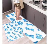 Lot de 2 Tapis de Cuisine Empreintes Pattes Chien Bleu Antidérapant Lavable Tapis de Sol Motif Osseux Durable et Anti-Fatigue pour Cuisine, Couloir, la Salle Manger, Bleu Clair, 40x60cm+40x120cm