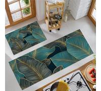 Lot De 2 Tapis De Cuisine Feuilles De Bananier Dorées Antidérapant Lavable, Absorbe l'eau l'huile Tapis De Cuisine Turquoise pour Buanderie Chambre Coucher, Plantes Tropicales, 43X75Cm+43X150Cm