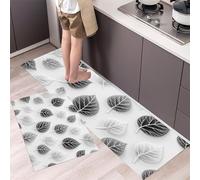 Lot de 2 Tapis de Cuisine Feuilles Noires Et Blanches Antidérapants Lavables Tapis de Porte Veines Végétales Absorbant l'Eau et l'Huile pour Couloir, Salle à Manger, Entrée, 43x75cm+43x150cm, Gris