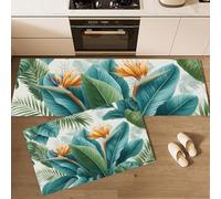Lot De 2 Tapis De Cuisine Feuilles Tropicales Oiseau De Paradis Antidérapant Lavable, Absorbe l'eau Tapis De Cuisine Style Dessiné À La Main pour Couloir Cuisines Chambre, Bleu-Vert, 40x60cm+40x120cm