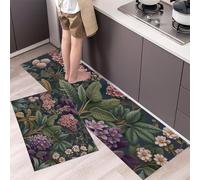 Lot De 2 Tapis De Cuisine Fleur En Forme De Boule Grande Feuille Tropicale, Antidérapants, Faciles à Entretenir, Tapis De Cuisines Plante Tropicale Rétro Anti-Fatigue Pour La Cuisine 45x75cm+45x150cm