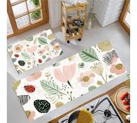 Lot De 2 Tapis De Cuisine Fleurs Dessinées À La Main 43X75Cm+43X150Cm, Cuisine Devant Evier Antidérapant Lavable Gribouillages Bohèmes Crème Absorbant Entree Interieur Salon Tapis De Porte