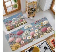 Lot de 2 Tapis de Cuisine Fleurs Naturalisme antidérapants, Tapis de Cuisine Rose Fleurs Sauvages Marguerites Absorbe l'eau et l'huile, pour l'intérieur Chambre à Coucher Couloir 50x80cm+50x150cm