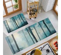Lot de 2 Tapis de Cuisine Forêt Brumeuse, antidérapants, Absorbe l'eau et l'huile Tapis de Cuisine Arbres Brume pour l'intérieur, Bleu-Vert, 50x80cm+50x150cm