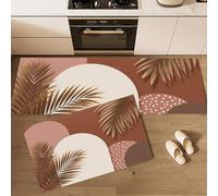 Lot de 2 Tapis de Cuisine Géométrie Abstraite, Antidérapant Lavable, Tapis de Sol Feuilles De Palmier Formes Géométriques, 50x80cm+50x150cm pour Couloir Devant Evier et Entrée, Brun Rosé