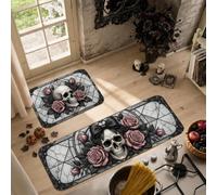 Lot de 2 tapis de cuisine gothiques avec tête de mort et rose pour | Décoration gothique, tapis de cuisine, motif roses de pêche, vitrail, tapis de sol de cuisine, accents saisonniers pour la