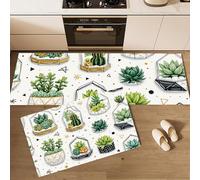 Lot de 2 Tapis de Cuisine Illustration Moderne antidérapants Absorbe Plantes Succulentes Mignonnes Formes Géométriques Tapis de Sol pour éviers de Cuisine buanderie 44x75cm+44x120cm, Vert