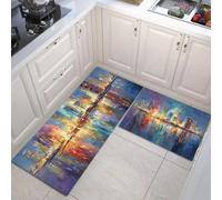 Lot De 2 Tapis De Cuisine Impressionnisme, Antidérapant Lavable, Tapis De Sol Peinture De Paysage Urbain, 50x80cm+50x150cm pour Couloir Devant Evier Et Entrée, Jaune