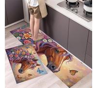 Lot De 2 Tapis De Cuisine Lavables, Antidérapants,Éléments De Papillon Rose Cheval Brun Tapis De Station Debout Confortables Pour La Maison, La Cuisine Et La Buanderie (Brun, 44×70Cm+44×120Cm)