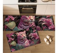 Lot de 2 Tapis de Cuisine Léopard Plantes Tropicales Fleurs antidérapants, Absorbe l'eau et l'huile Jungle Faune Sauvage Rose Tapis de Cuisine, pour Couloir Salle à Manger Entrée 50x80cm+50x150cm