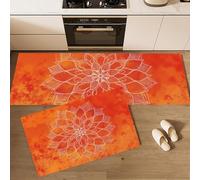 Lot De 2 Tapis De Cuisine Mandala De Lignes Orange-Rouge Antidérapants, Lavables, Tapis De Cuisine Art Minimaliste Au Trait Absorbant L'eau Et L'huile, Pour Couloir, Salle à Manger, 40x60cm+40x120cm