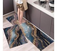 Lot de 2 Tapis de Cuisine Marbre Abstrait, antidérapants, Absorbe l'eau et l'huile Tapis de Cuisine Texture Pailletée pour l'intérieur, Or Rose, 43x75cm+43x150cm