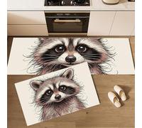 Lot de 2 Tapis de Cuisine Mignon Raton Laveur Anti-Fatigue, Lavable Brun Tapis de Cuisine Dessins Animés Animaux antidérapants Imperméables, pour Chambre à Coucher Couloir Buanderie 43x75cm+43x150cm