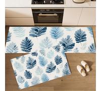 Lot de 2 Tapis de Cuisine Minimalisme, Antidérapant Lavable, Tapis de Sol Feuilles De Fougère Aquarelle, 40x60cm+40x120cm pour Couloir Devant Evier et Entrée, Bleu Clair