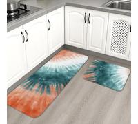 Lot de 2 tapis de cuisine modernes teints sur nœuds pour sol, bleu sarcelle et orange, rembourrés, confortables, lavables et antidérapants pour cuisine, éviers, buanderie, salle de bain