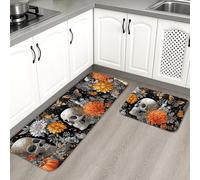 Lot de 2 tapis de cuisine motif tête de mort pour sol, orange floral, vintage, artistique, doux, rembourré, confortable, lavable, antidérapant pour cuisine, évier, buanderie, salle de bain