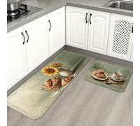 Lot de 2 tapis de cuisine motif tournesol rustique, pichet de campagne, biscuit, doux et lavable, pour évier, buanderie, entrée, salle de bain - Vert