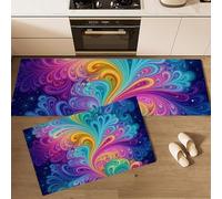 Lot De 2 Tapis De Cuisine Motif Vortex Arc-En-Ciel Abstrait Étoilé Psychédélique, Tapis Cuisine Bleu Profond Durables Et Lavables Doux Absorbants Antidérapants Pour Évier Buanderie Salle De Bain