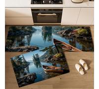 Lot de 2 Tapis de Cuisine Paysages Naturels, antidérapants, Absorbe l'eau et l'huile Tapis de Cuisine Lacs Canoës pour l'intérieur, Bleu-Vert, 43x75cm+43x150cm