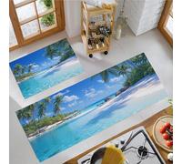 Lot de 2 Tapis de Cuisine Paysages Tropicaux Naturels, Bleu Tapis de Cuisine Plage Palmiers Antidérapant Durables Lavable, pour Couloir Chambre à Coucher Salle de Bain 43x75cm+43x150cm