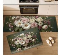 Lot de 2 Tapis de Cuisine Peintures À L'Huile Rétro Antidérapants Tapis de Cuisine Anti-Fatigue Rose Marguerite Vase Paillasson décoratif pour Couloir, Entrée, Devant Évier (Vert, 43x75cm+43x120cm)