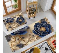 Lot De 2 Tapis De Cuisine Pivoine en Métal 3D 43X75Cm+43X150Cm, Cuisine Devant Evier Antidérapant Lavable Plantes De Luxe Tan Absorbant Entree Interieur Salon Tapis De Porte