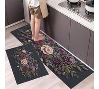 Lot De 2 Tapis De Cuisine Pivoine Feuilles Vertes, Antidérapants, Super Absorbants, Lavables, Tapis De Cuisine Arrangement Floral En Relief Vintage Pour évier De Cuisines 40x60cm+40x120cm, Gris Foncé