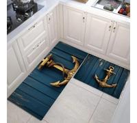 Lot De 2 Tapis De Cuisine Planches Ancre Corde De Chanvre, Tapis Cuisine Style Nautique Vintage Vieilli Antidérapant Et Lavable Pour Salle à Manger, Salon, Couloir 45x75cm+45x150cm, Bleu Foncé