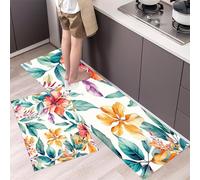 Lot de 2 Tapis de Cuisine Plantes Tropicales Antidérapants, Tapis de Cuisine Fleurs À L'Aquarelle Lavable, Absorbe l'eau et l'huile pour Couloir, Salle à Manger, Entrée (Turquoise, 43x75cm+43x120cm)